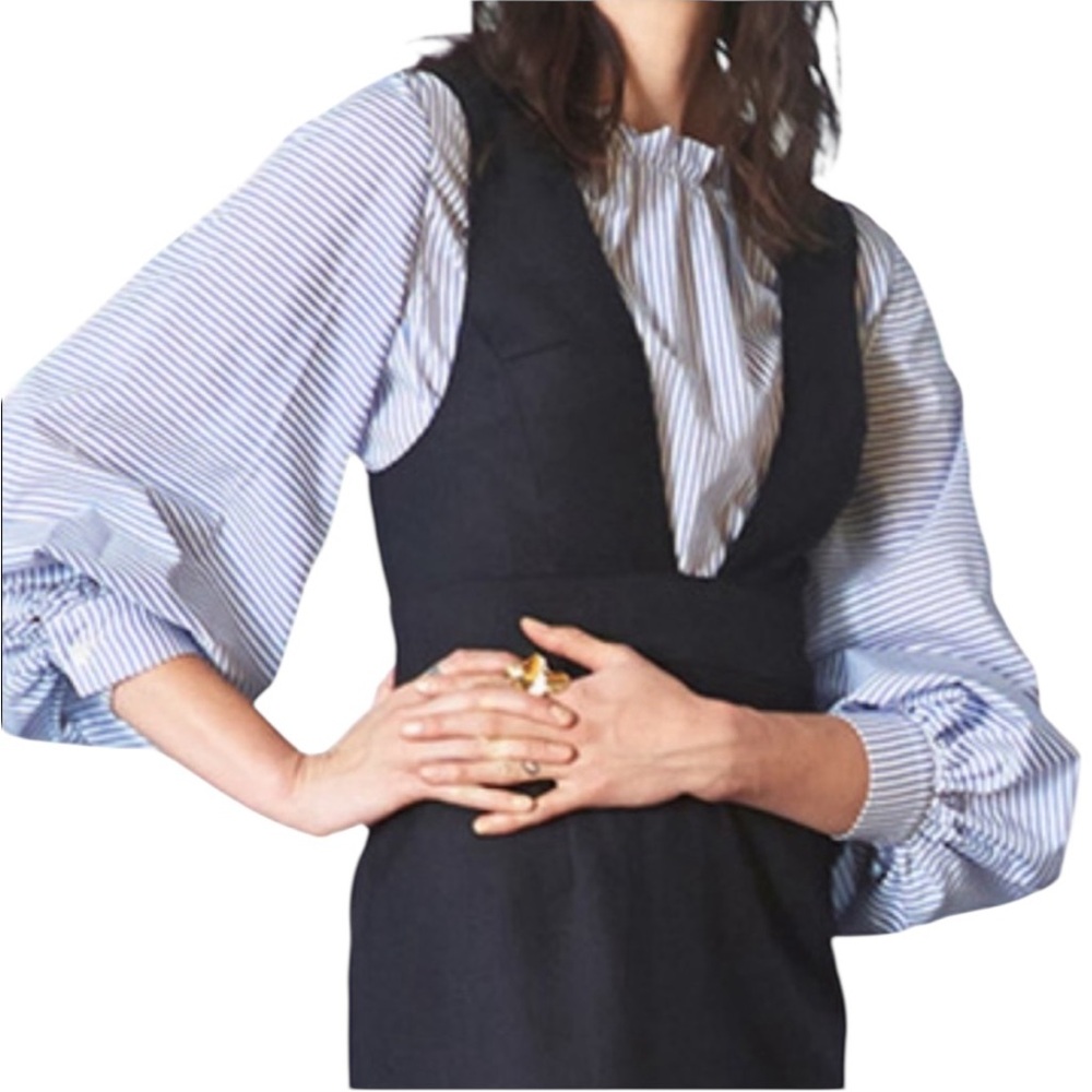 WHiT Navy Blue Plunge Pleated Pinafore Wool Blend Dress, Size 2